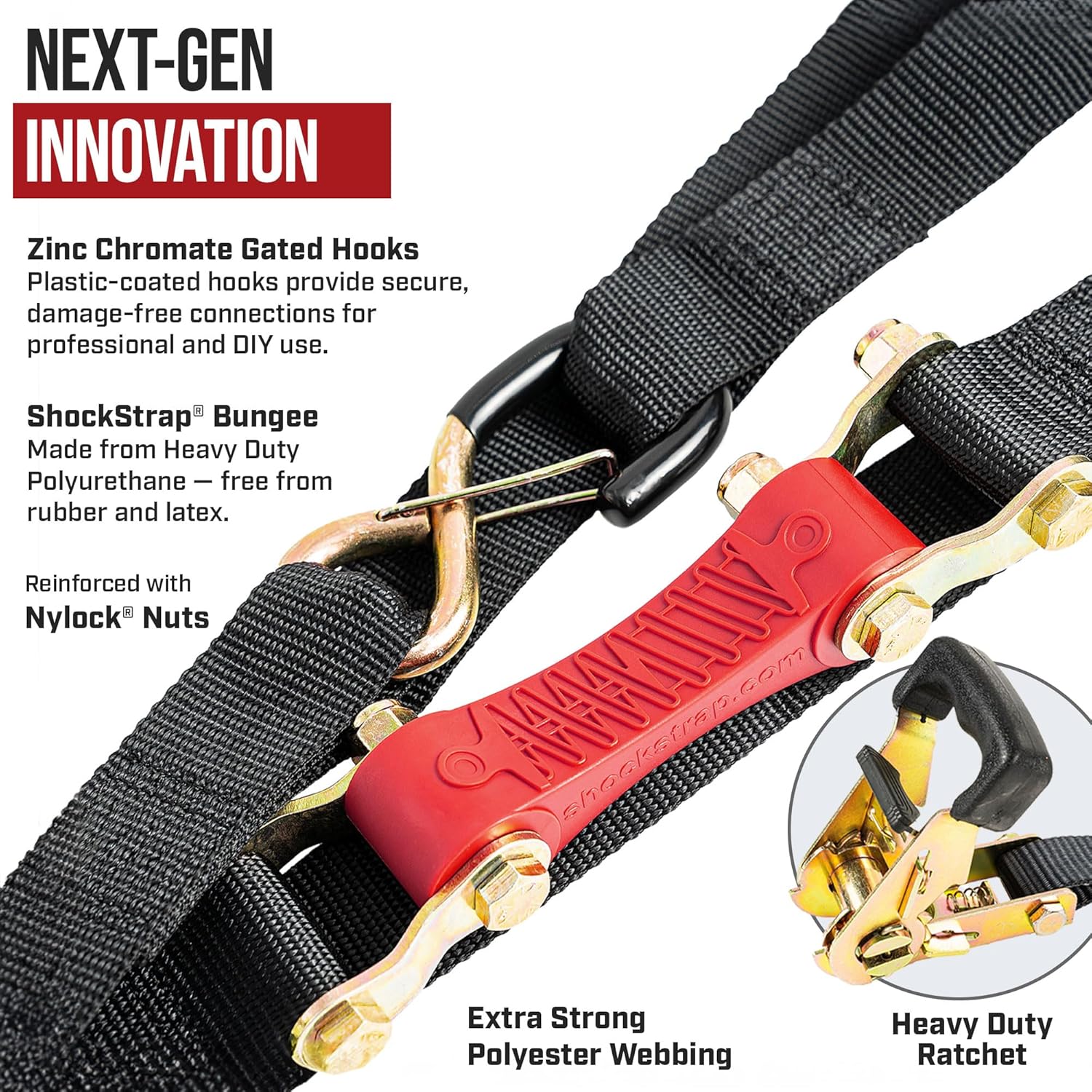 SHOCKSTRAP 10 ft x 1 in Ratchet Strap with Clip Hooks | Constant Tension | 1,500 lb Break Strength | 500 lb Working Load Limit