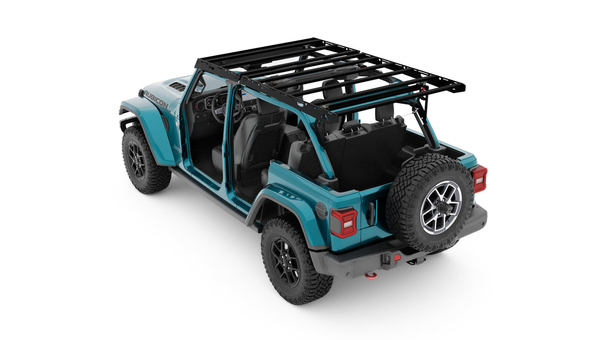 Sherpa JLU QDHD roof rack on a Jeep Wrangler with the hardtop removed for open air driving