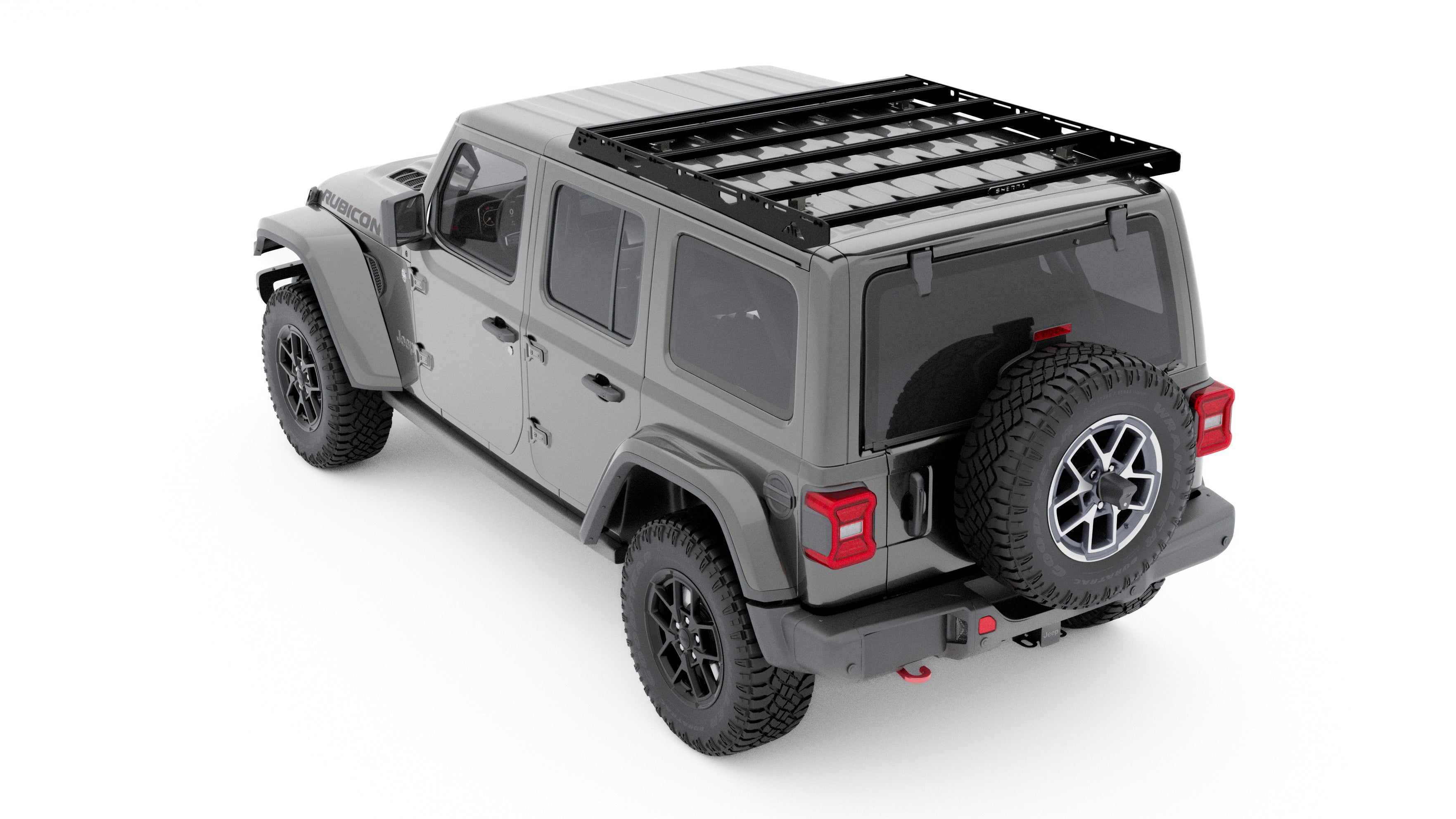 Jeep Wrangler JLU with hardtop on and Sherpa QDHD Half Rack mounted ready for overlanding