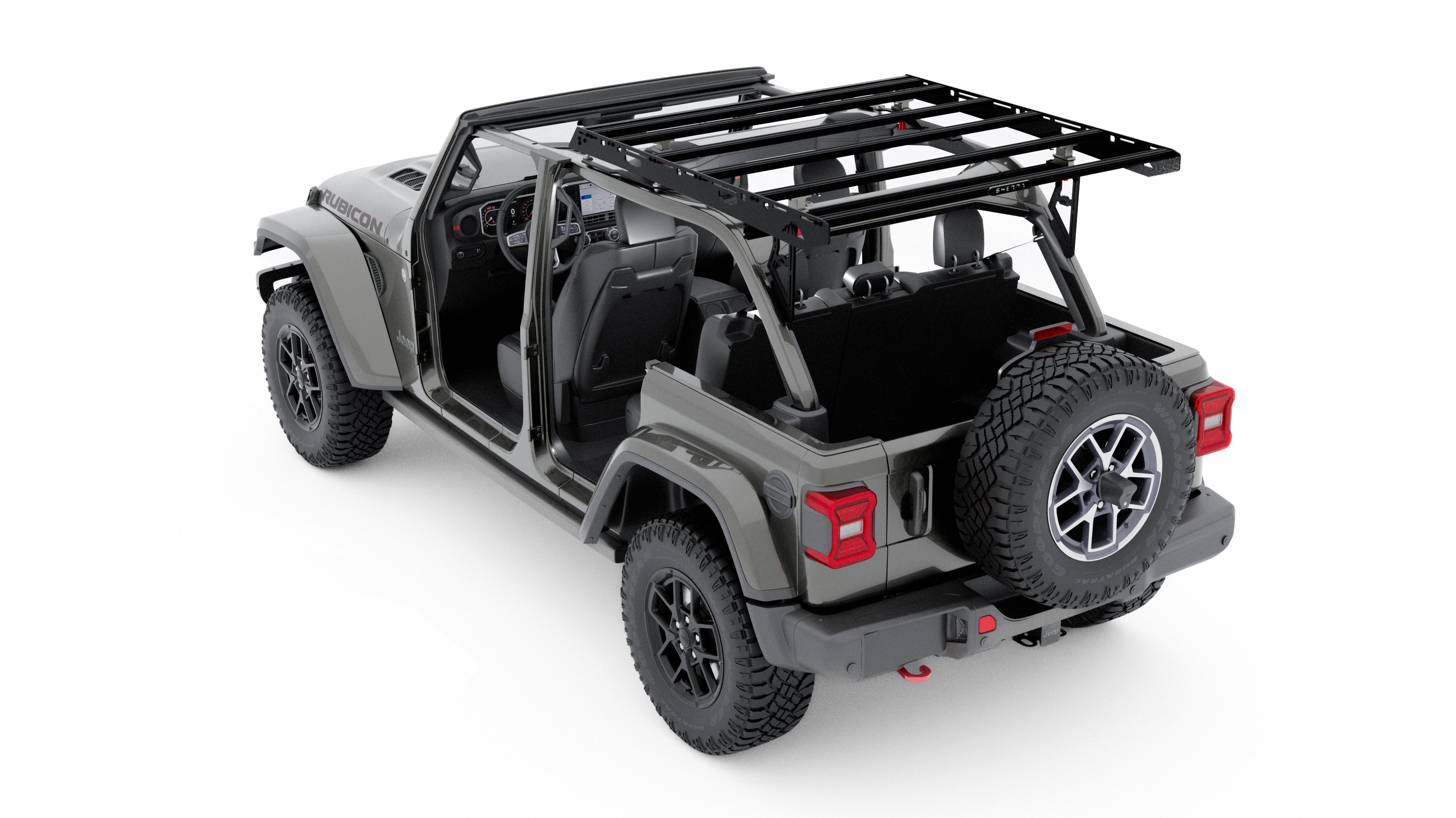 Jeep Wrangler JLU without hardtop with Sherpa QDHD Half Rack still mounted on roll cage open-air driving