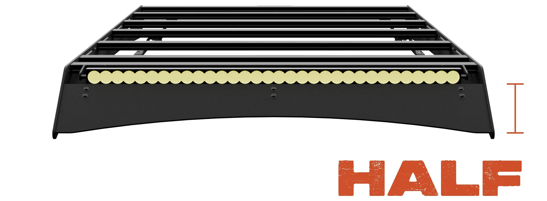 Sherpa half height wind fairing on Tacoma roof rack sized flush for single row light bar