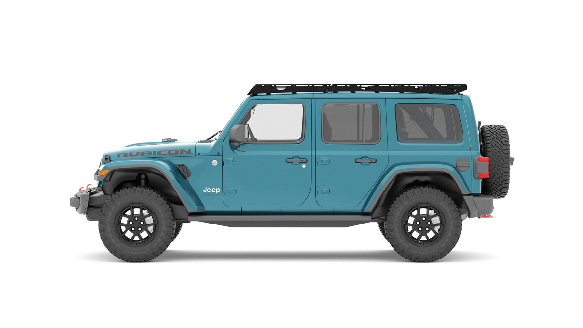 Sherpa JLU QDHD full length jeep roof rack installed on a Jeep Wrangler JLU showing 11 crossbars