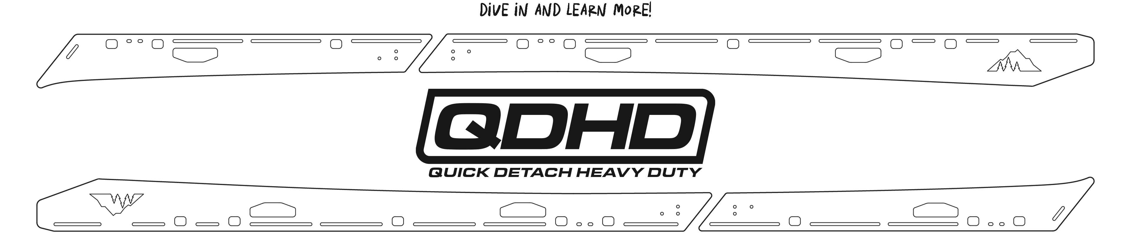 Sherpa QDHD Series roof rack line drawing showing crossbar sideplate and quick detach mount design