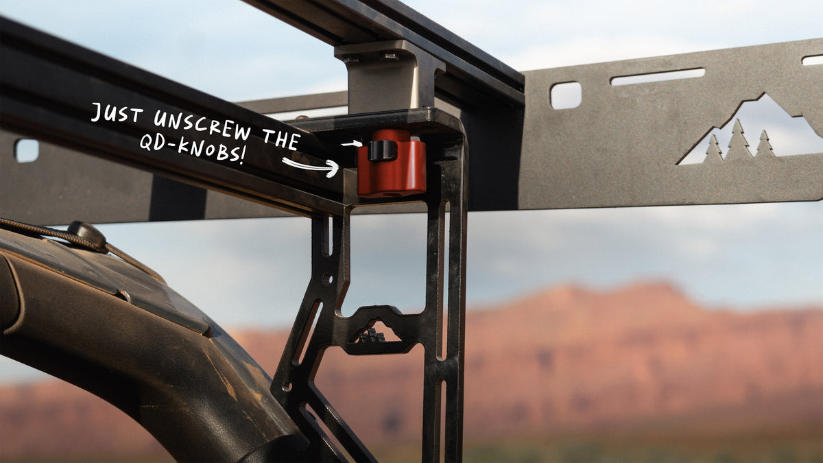 Sherpa QDHD quick detach billet knobs allowing tool free roof rack removal on a Jeep